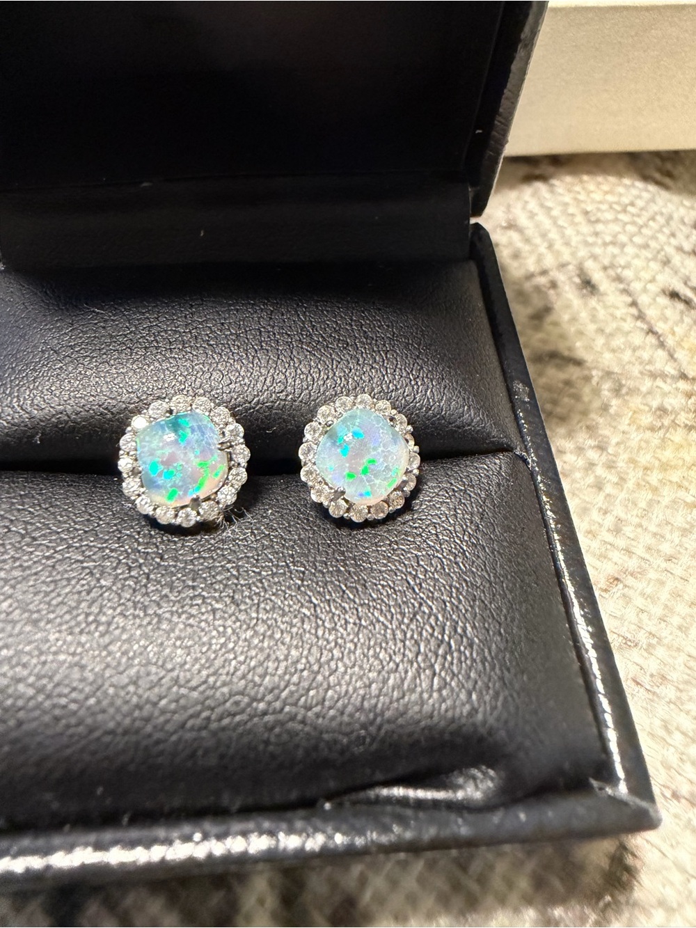 Opal Halo Stud Earrings in Iridescent Blue-Green 925